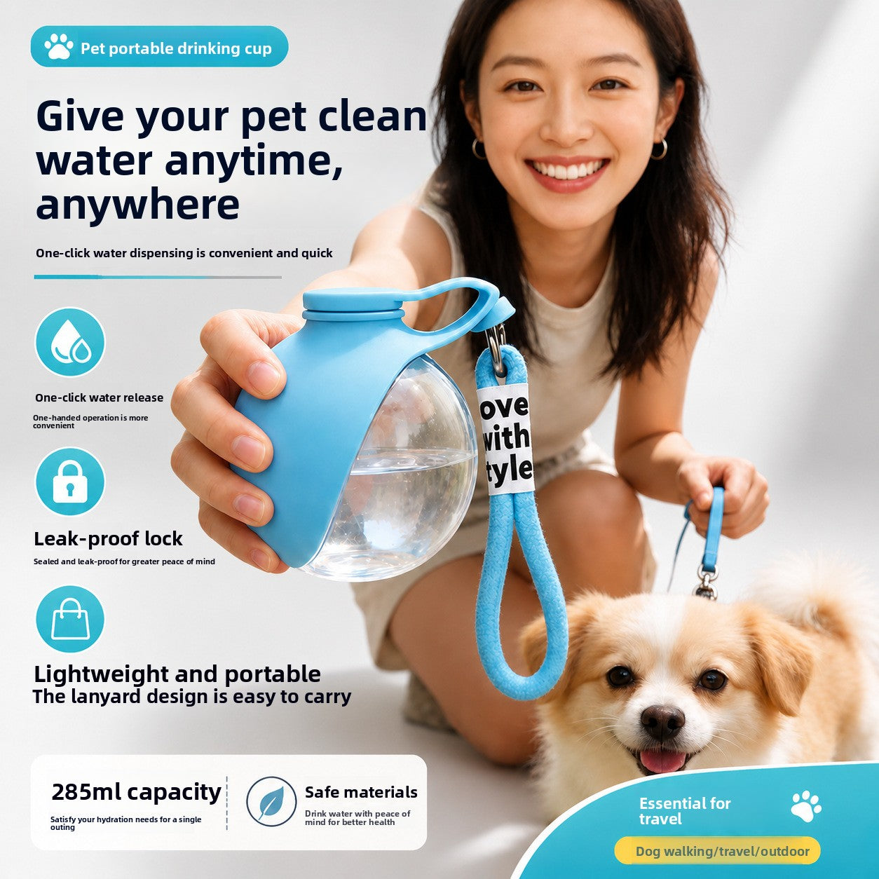 Botella Portátil para Perros — Cuenco Plegable + Cuerda de Paseo | CANVOY